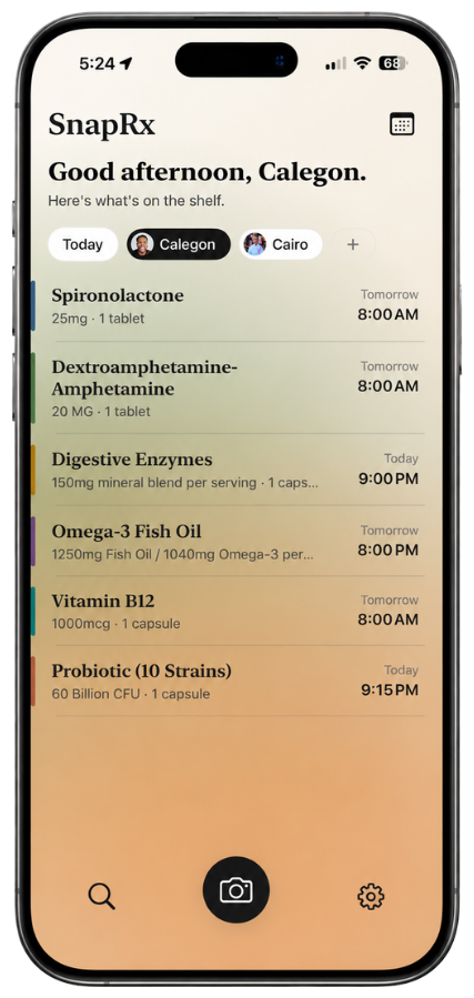 The SnapRx home screen — the day's medications on your shelf
