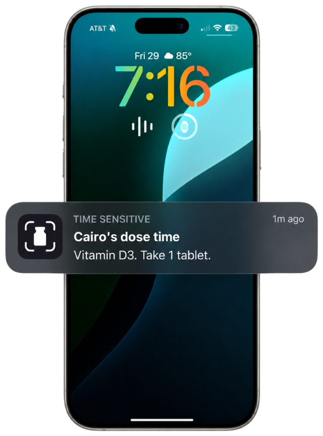 A SnapRx dose reminder on the lock screen